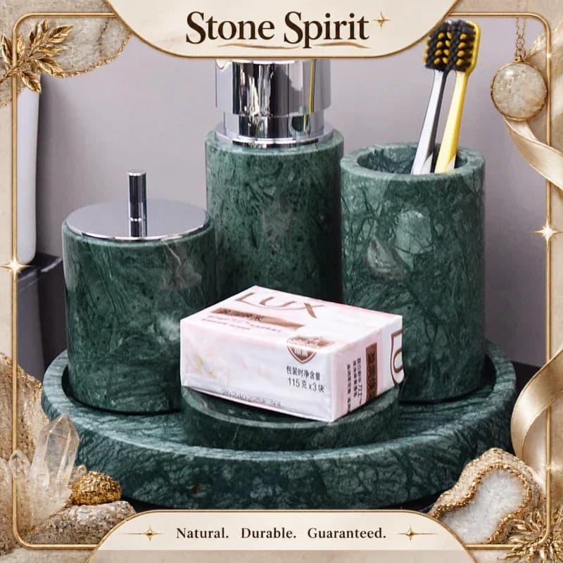 Wholesale Customized Dark Green Natural Marble Bathroom Set Nordic Light Luxury Tray Toothbrush Holder Soap Dispenser Kit