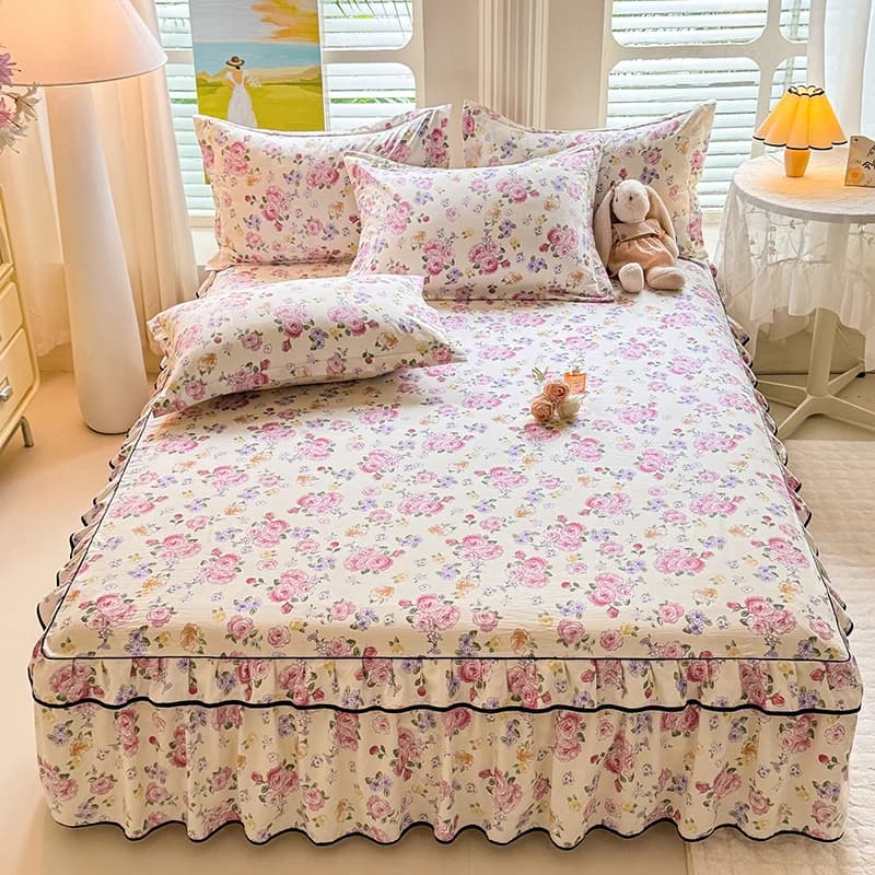 Gonna letto stampata a fiori Copriletto singolo/queen/king size con lenzuolo con volant con protezione per materasso elastico morbido per letto di casa