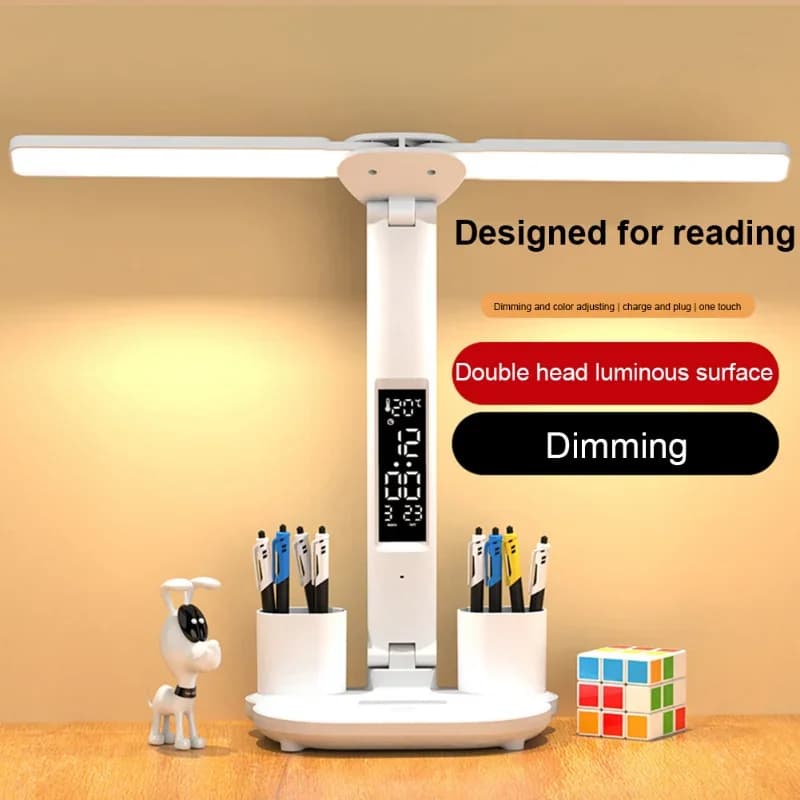 LED Table Lamp Double Head USB Rechargeable Dimmable Desk Lamp With Calendar Clock Protection for Folding Eyes Night Reading Light