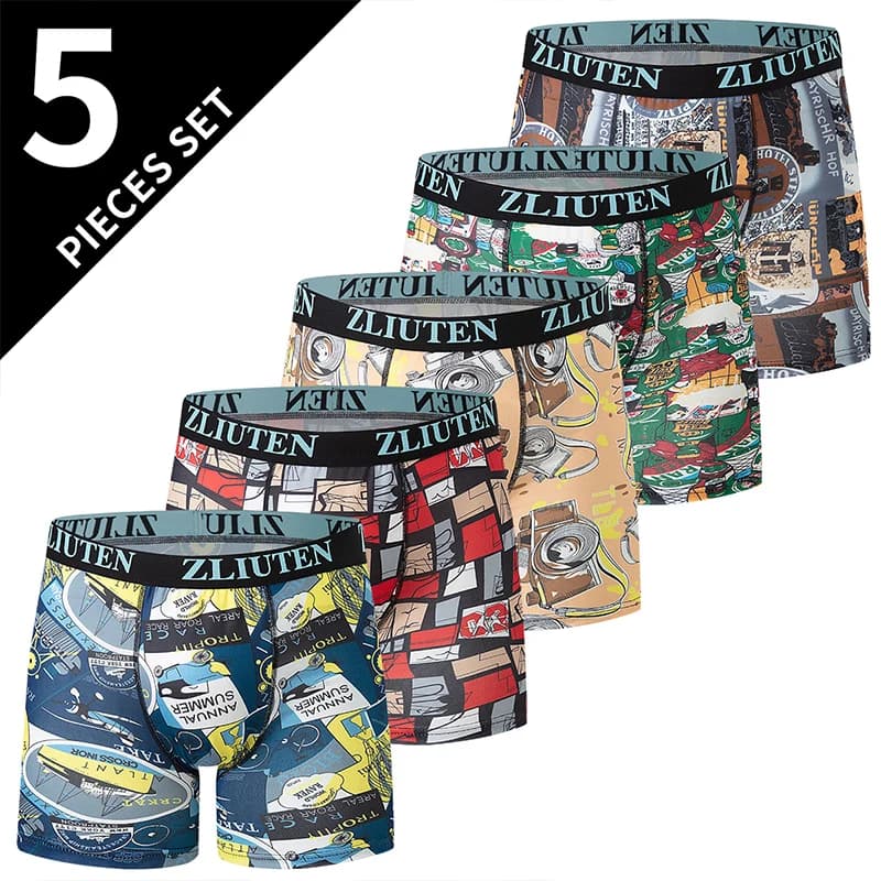 5 Pieces Of Men's Fashionable Printed Long Flat Corner Trendy Shorts Beach Shorts Comfortable Youth Sports Cycling Elastic Pants