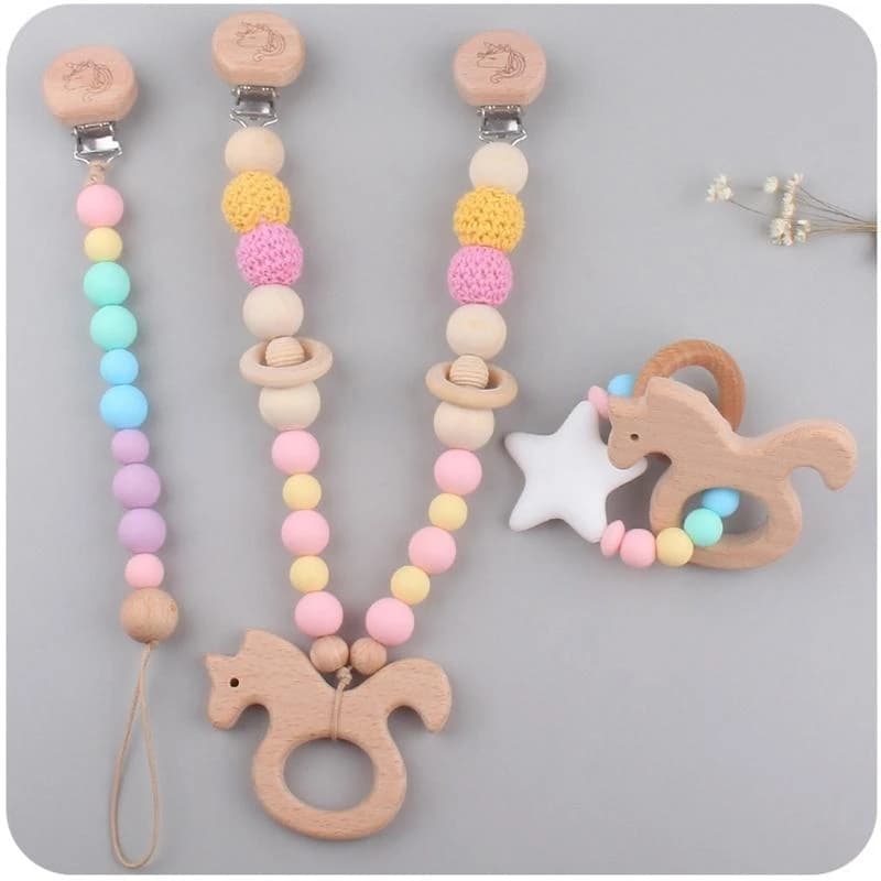 J15U 3 Pz/set Passeggino Pendenti Catena Ciuccio Carrozzina Clip con Perline Silicone Neonati Massaggiagengive in Legno