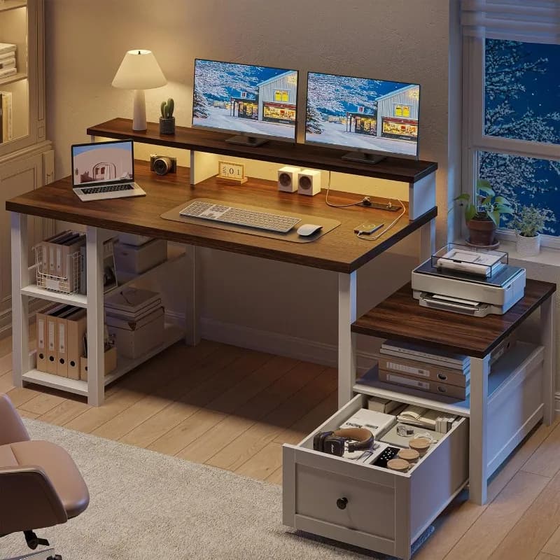 60.4 inch computer desk with drawer and storage shelves, office desk with monitor support and printer shelf, study desk on the farm