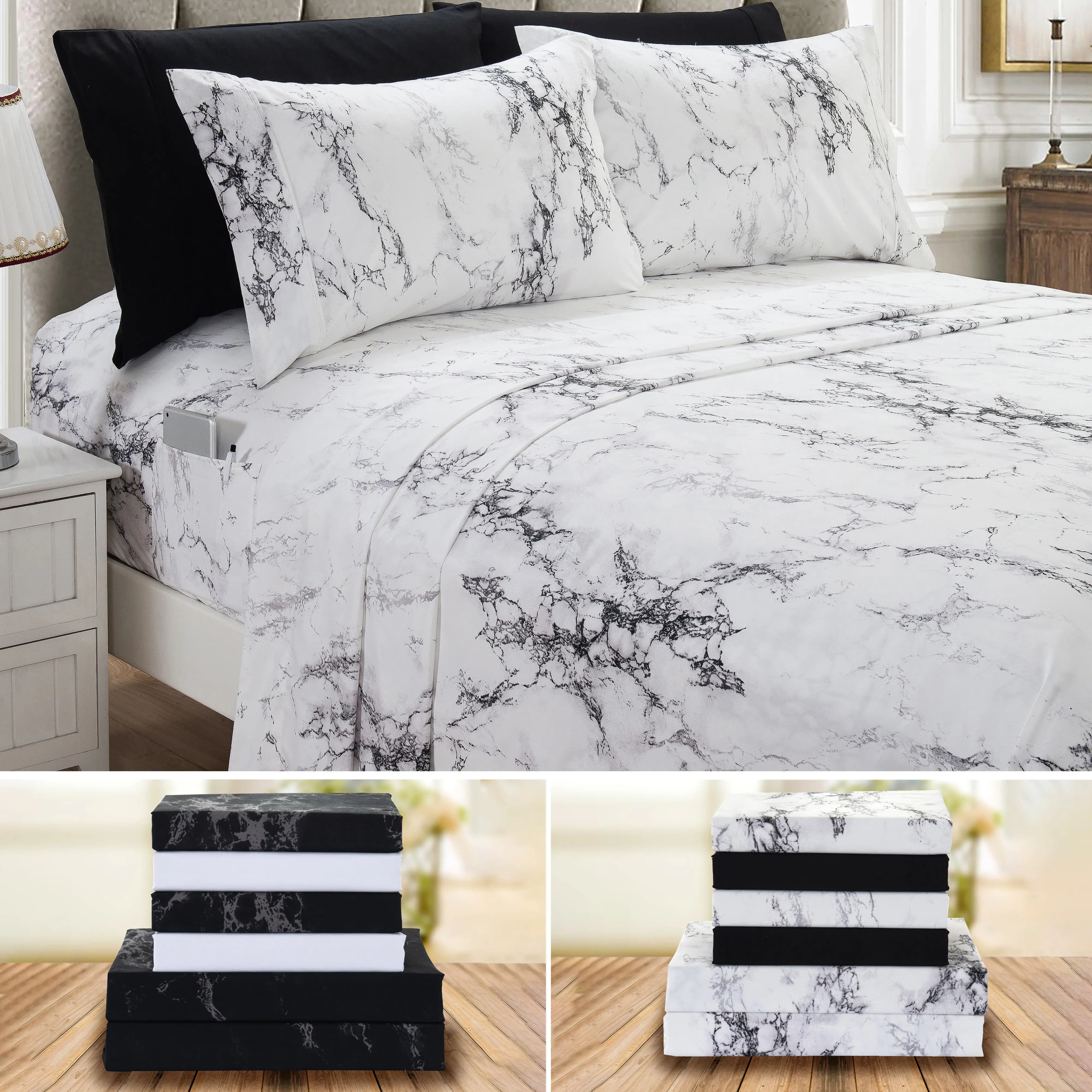Set di Lenzuola in Marmo Elegante e Confortevole 4/6 Pezzi con Tasche Profonde 16 Pollici - Set di Lenzuola di Lusso Ultra Morbido Lavabile in Lavatrice 6 Pezzi