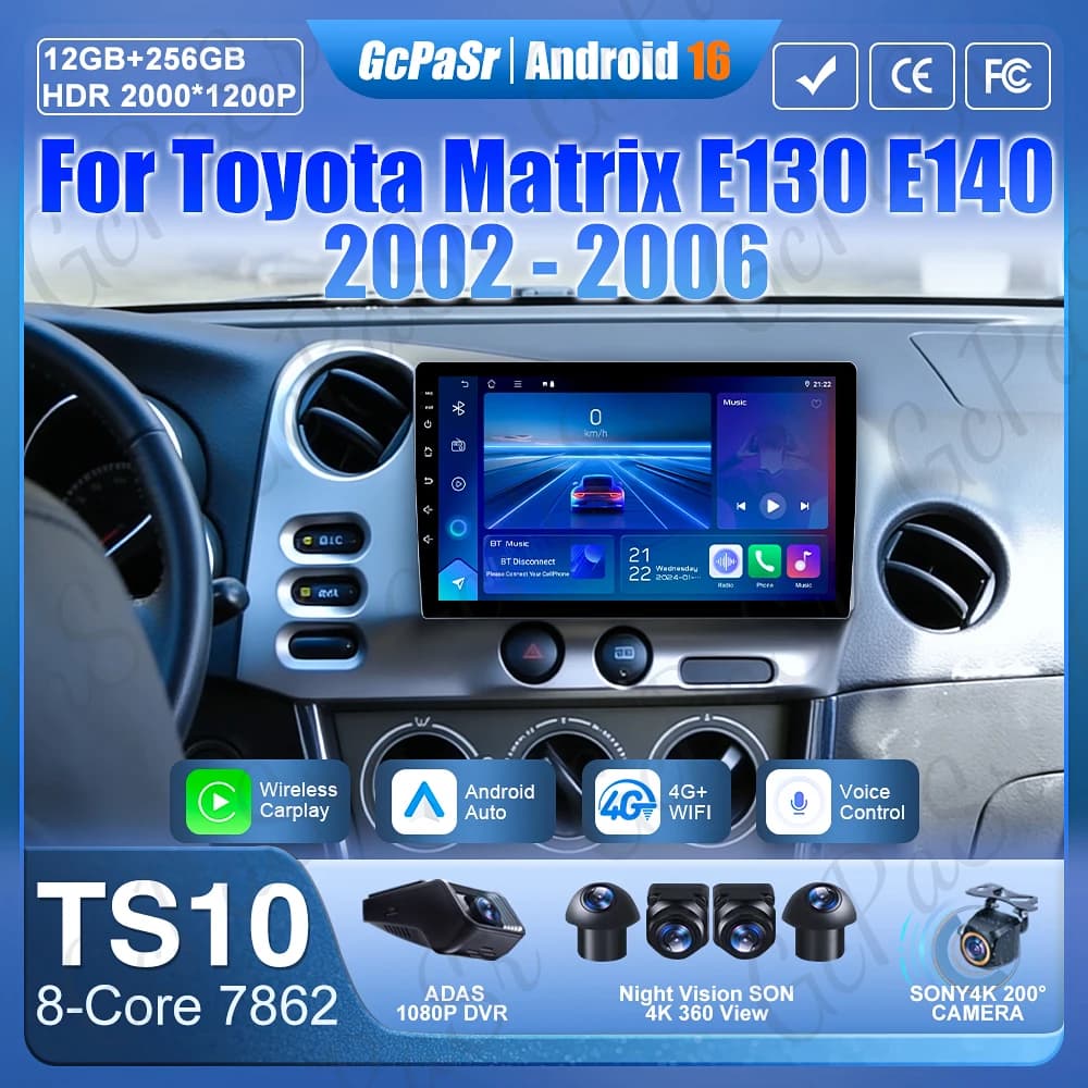 Android 16 Autoradio Carplay for Toyota Matrix E130 E140 2002 - 2006 GPS Navigation Stereo Multimedia Reader Video Android Auto