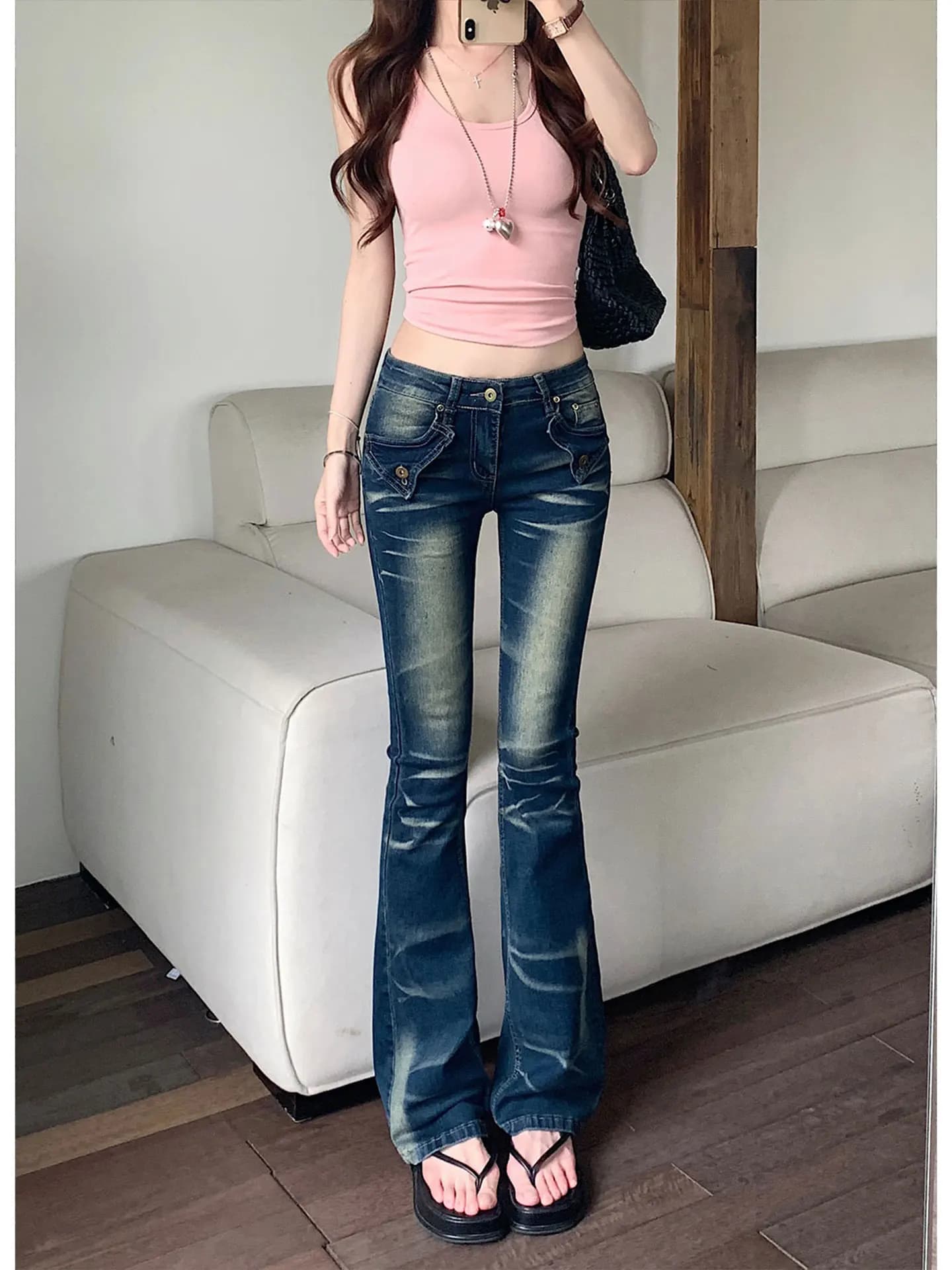 Low Waist Bell Bottom Jeans Women's Sexy Slim Fit Elastic Denim Flared Pants Summer Trendy Crumpled Washed Cotton Stretch