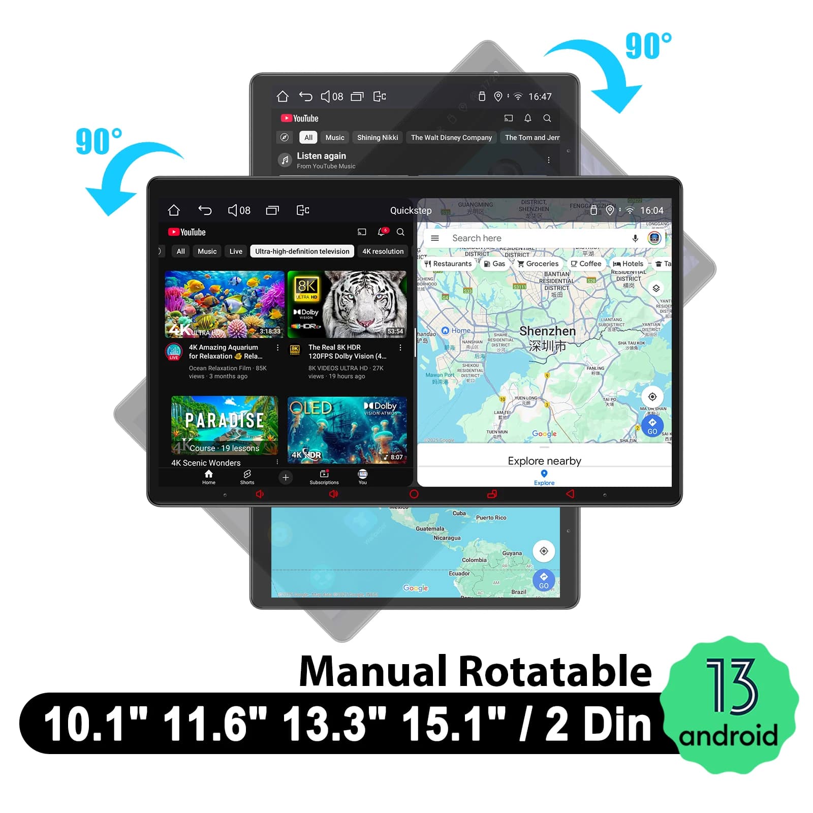 JOYING Autoradio Universale con Display Flottante da 10.1" 11.6" 13.3" 15.1" e Schermo Girevole Manualmente, con CarPlay
