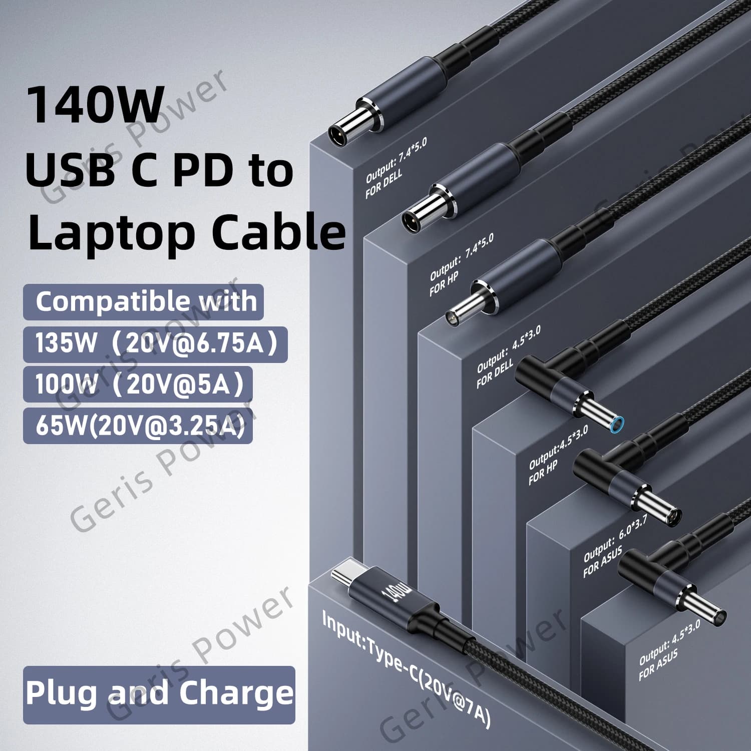 65W 90W 140W USB C PD to DC Universal Laptop Charger Cable for Asus Dell Hp 5.5X2.5 7.4X5.0 4.5X3.0mm DC Power Adapter Converter