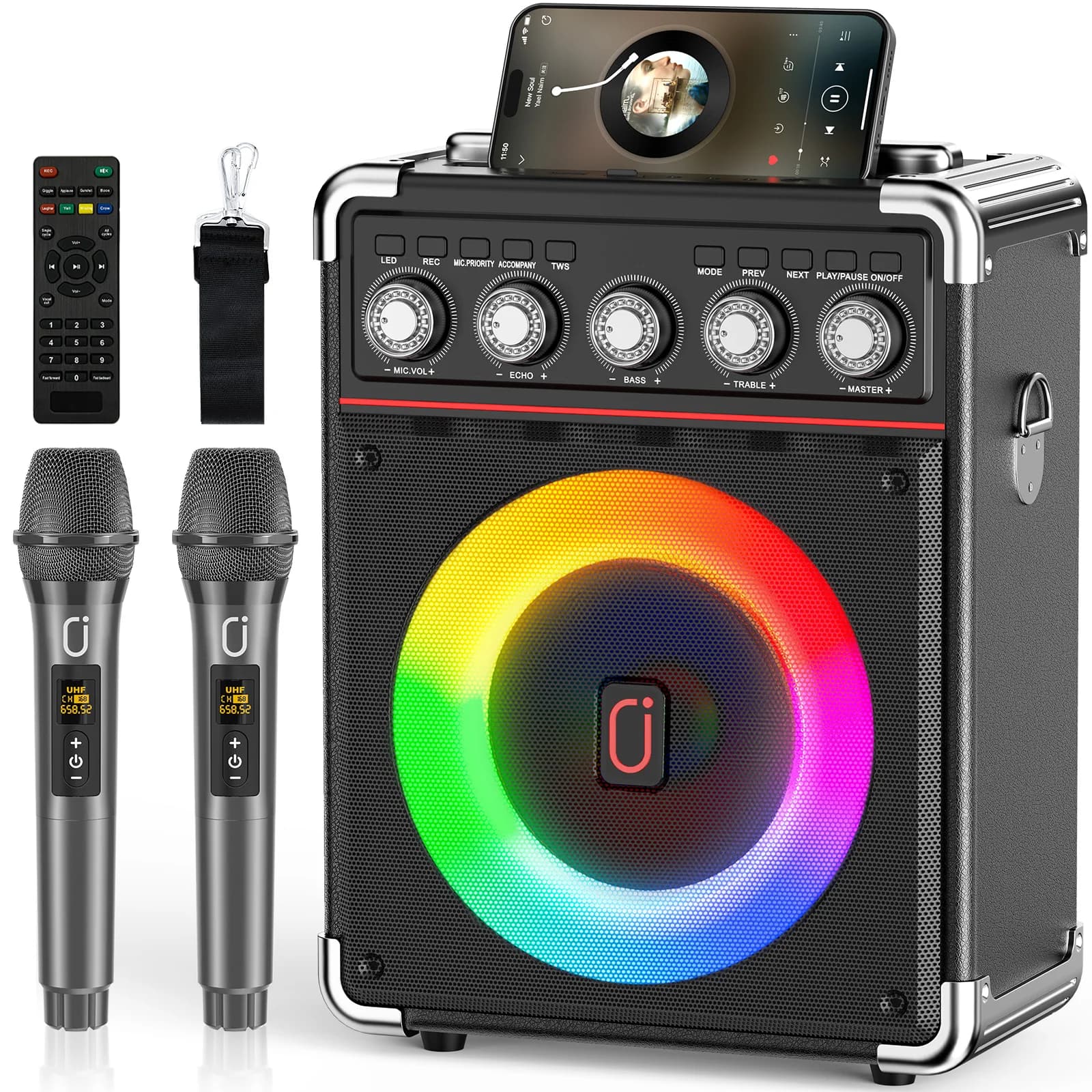 FanFun Microfoni con altoparlante portatile Macchina per karaoke con sistema PA di illuminazione DJ per adulti che cantano a casa