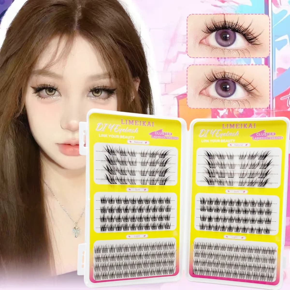 224 DIY Self-Grafting Lash Clusters, 3 Types of Mixed Lash Textures, C Curl, Naturally Soft, Non-Irritating, Versatile Styles