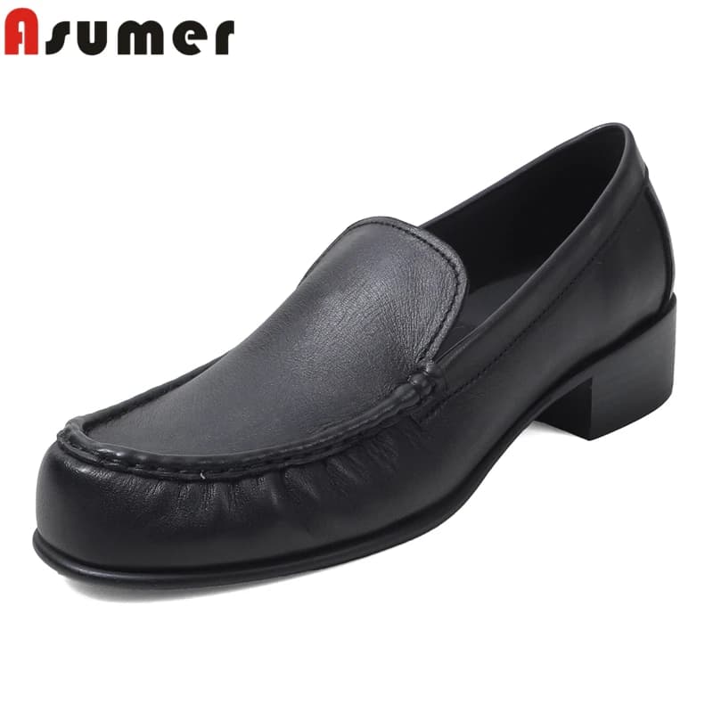 Asumer Fashion Scarpe in vera pelle da donna Mocassini Pull On Square Mid Heels Scarpe casual da ufficio primavera estate
