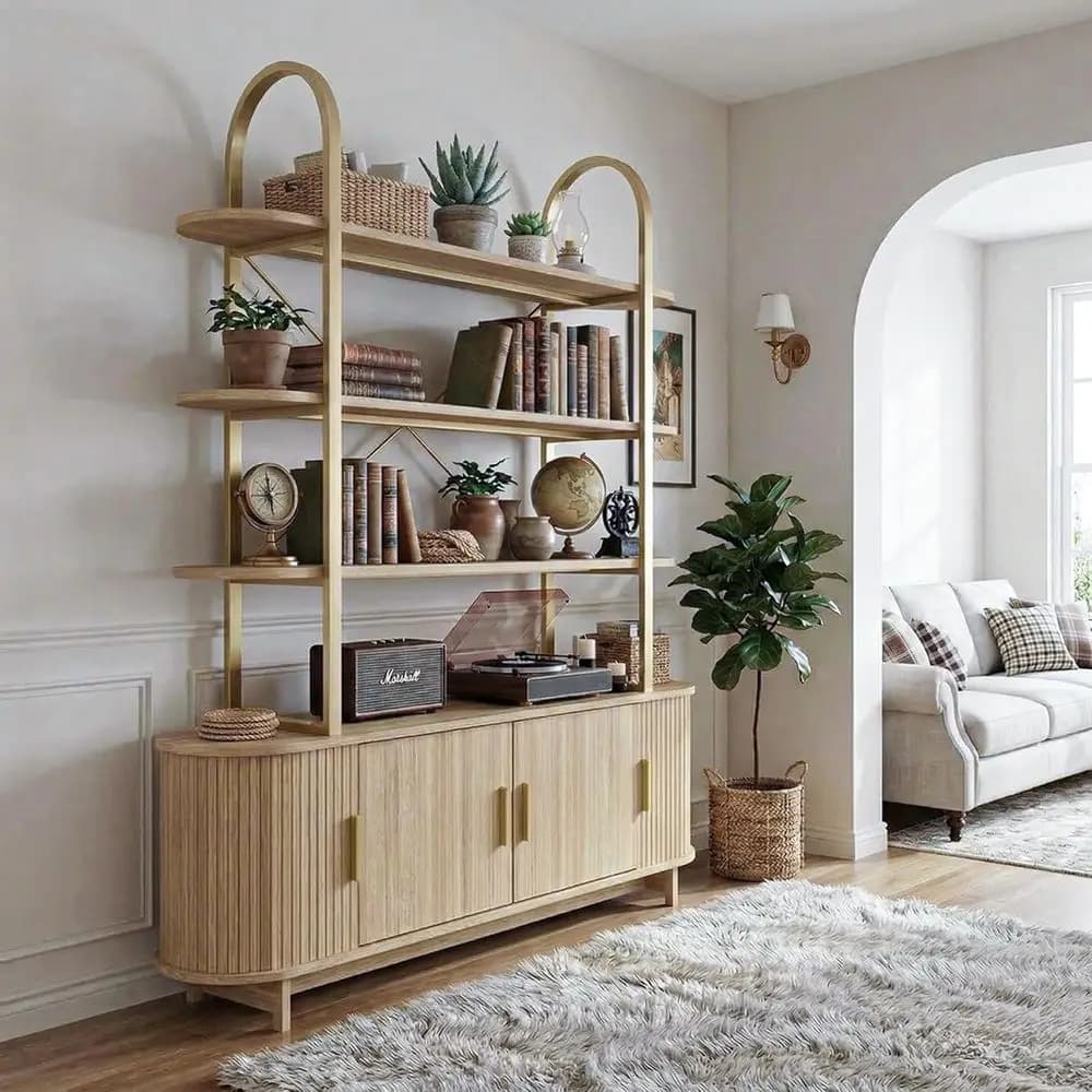 Elegante Mobile ad Arco, Libreria con Ante Scorrevoli, Scaffale Alto in Legno, Organizzatore Espositivo Autoportante per Soggiorno