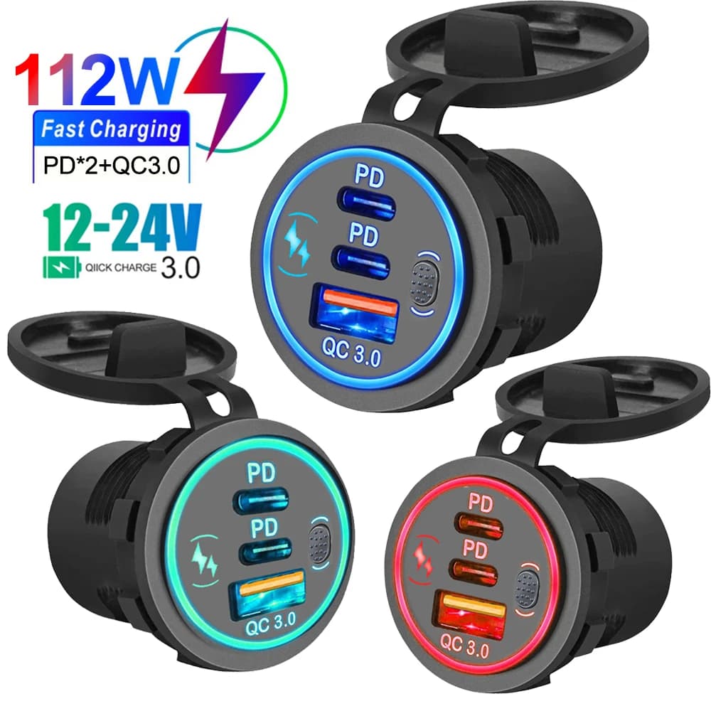 Car Charger PD3.0 and QC3.0 Dual Waterproof USB C ports with 78W LED plug fast charging 12V/24V for Moto adapter