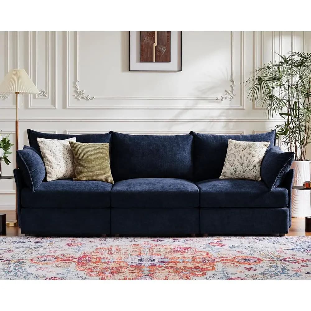 Luxury Oversized 3-Seat Blue Chenille Sofa with Removable Cover, Deep Seating & High Back for Living & Office Spaces