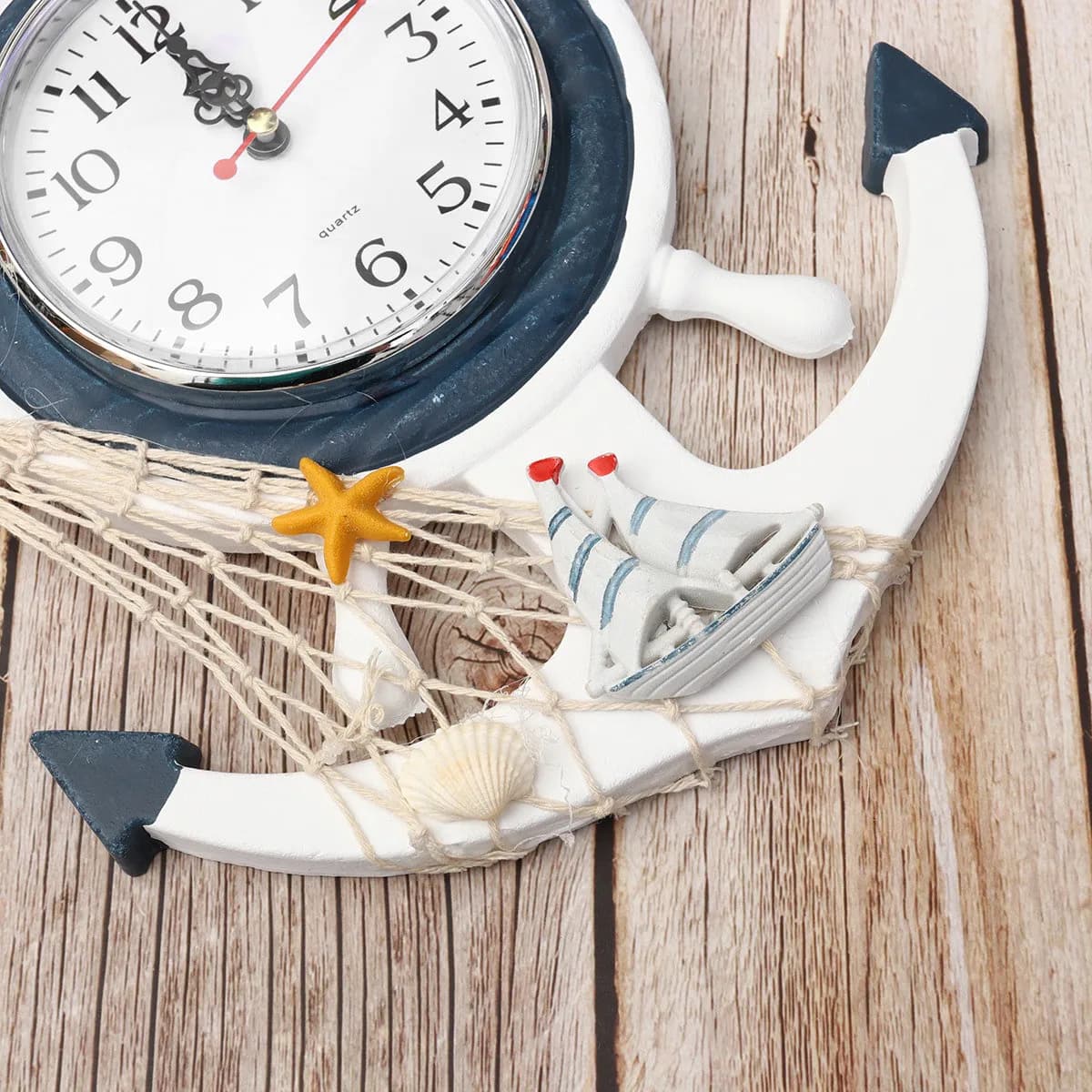 Orologio da Parete con Ancora Blu e Bianca, Orologio Decorativo Creativo in Legno e Plastica a Forma di Nave, Stile Mediterraneo per Soggiorno e Camera da Letto