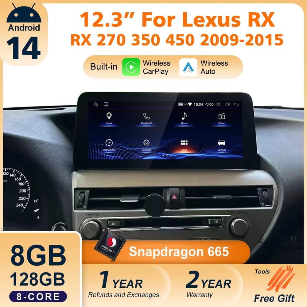 Autoradio Nunoo Android 14 CarPlay for Lexus RX270 RX350 450 2009-2015, Multimedia player with Navigator
