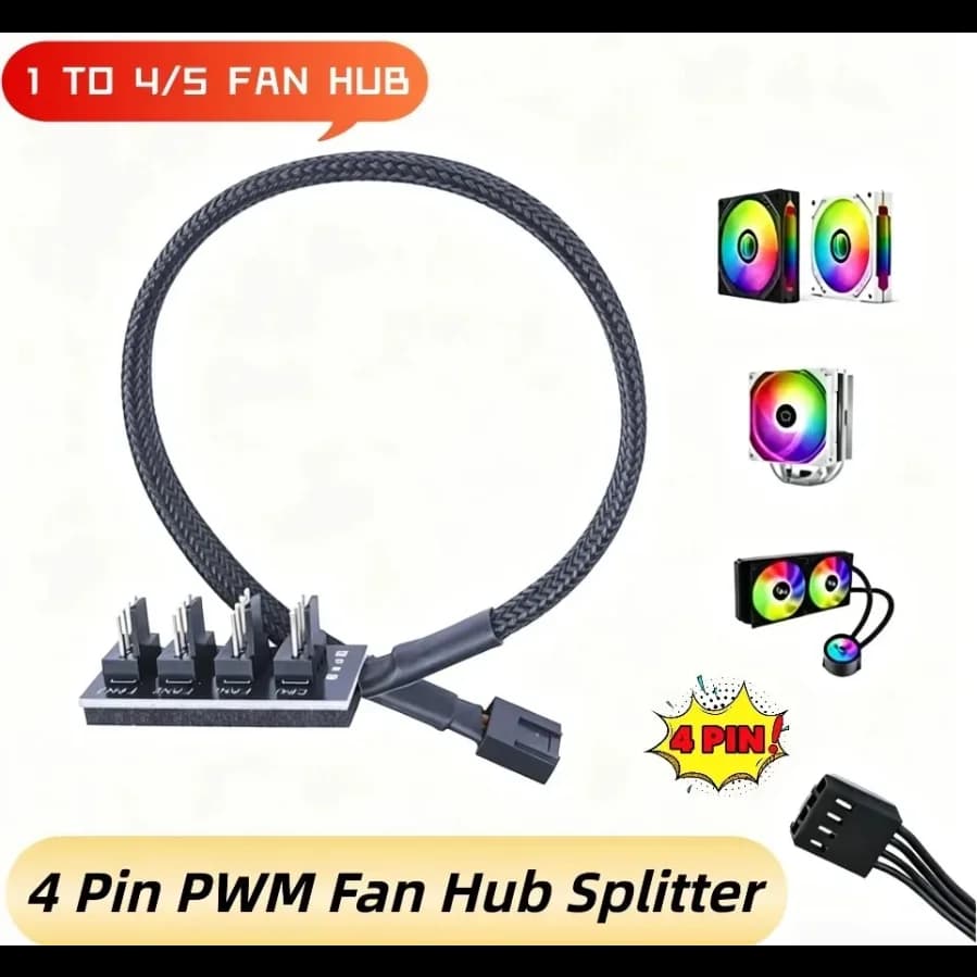 4 Pin PC CPU Cooling FAN HUB 1 to 5 PWM FAN Power Cable Adapter 1 to 4 Fan Hub Sleeved Splitter for Computer Cooler Case Fans