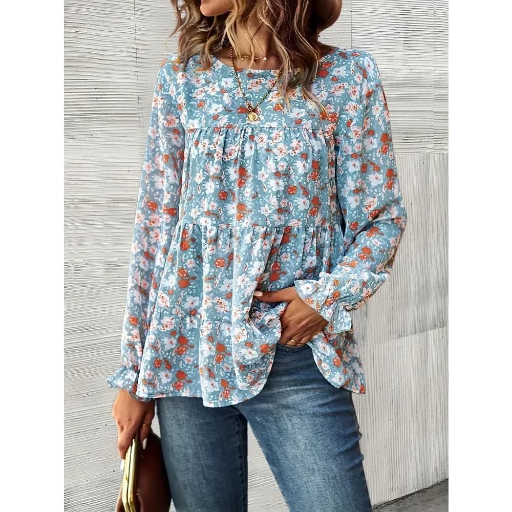 Plus Size 1XL-5XL Women's New Lapel Collar Bohemian Chic Floral Print Shirt with Ladies Casual Long Sleeves Blouse Shirt Top