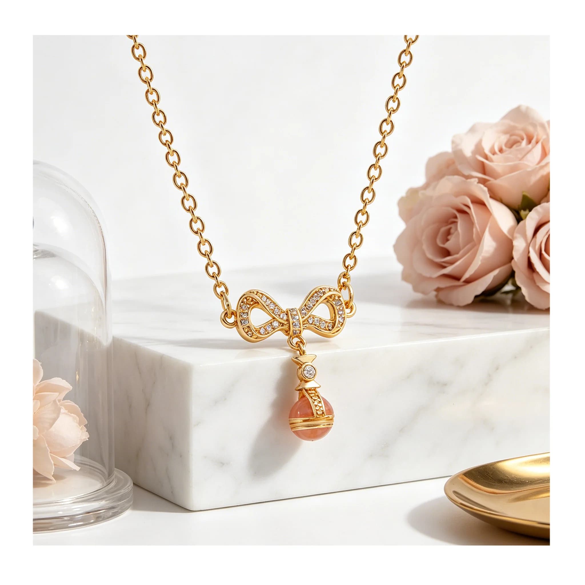 2 Tone Full Paved Crystal Bow Pendant Necklace Round Transparent Globe Bead Dainty Cable Chain Adjustable Choker Gold Silver Sweet Wedding Jewelry For Women