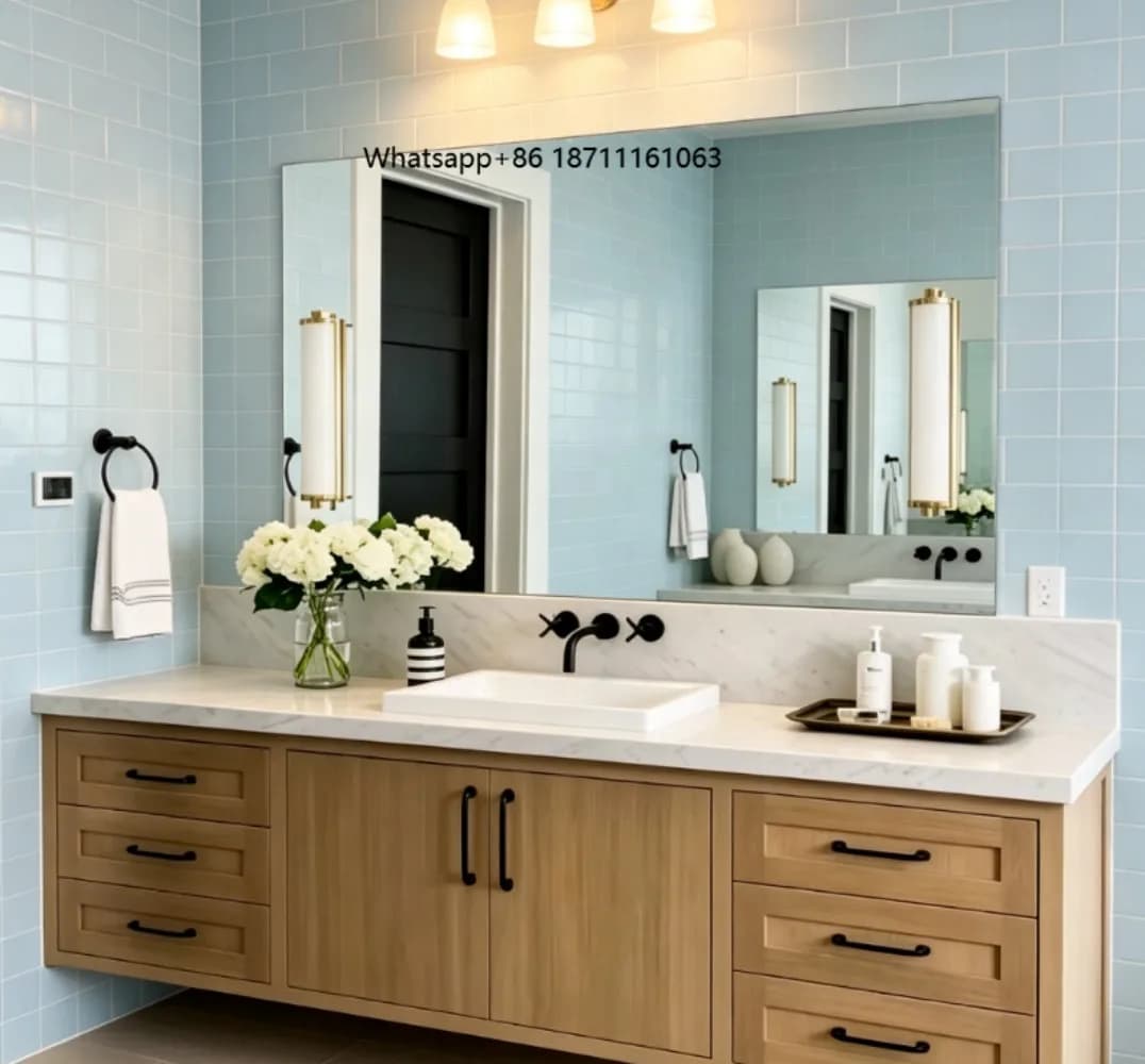 Floating Oak Bathroom Vanity with Marble Countertop, Soft-Close Drawers & Black Handles