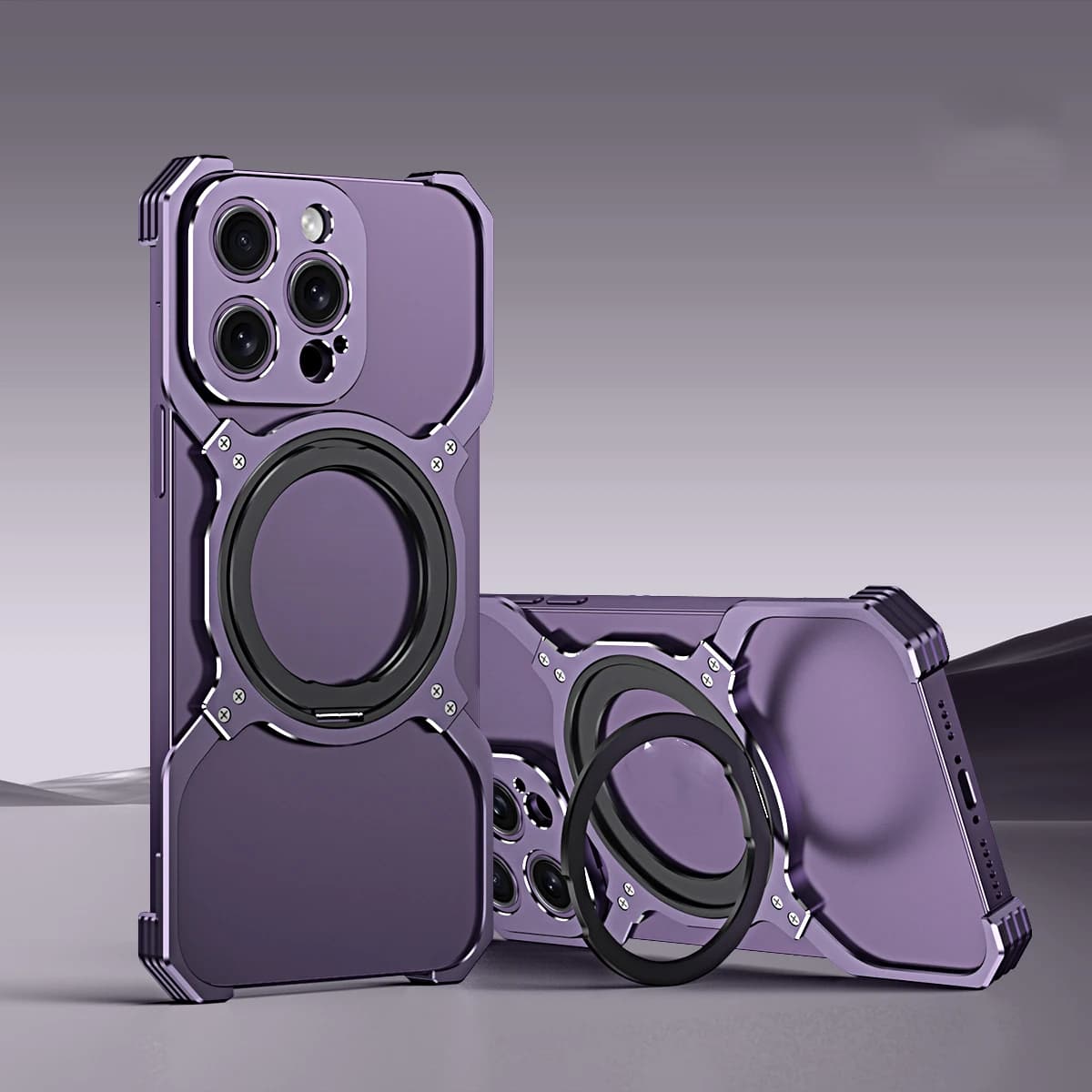 Custodia magnetica senza montatura in metallo per iPhone 17 16 15 Pro Max 14 13 Paraurti in lega di alluminio Ruota a 360 gradi Supporto per obiettivo Copertura protettiva per telaio