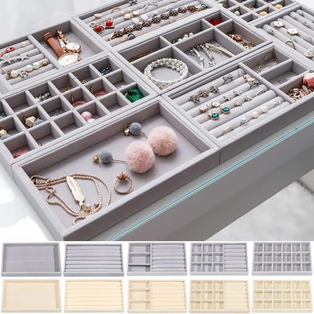 Organizer Box Stackable Velvet Jewelry Storage Box Velvet Display Tray Bracelet Earring Organizers Ring Bracelet