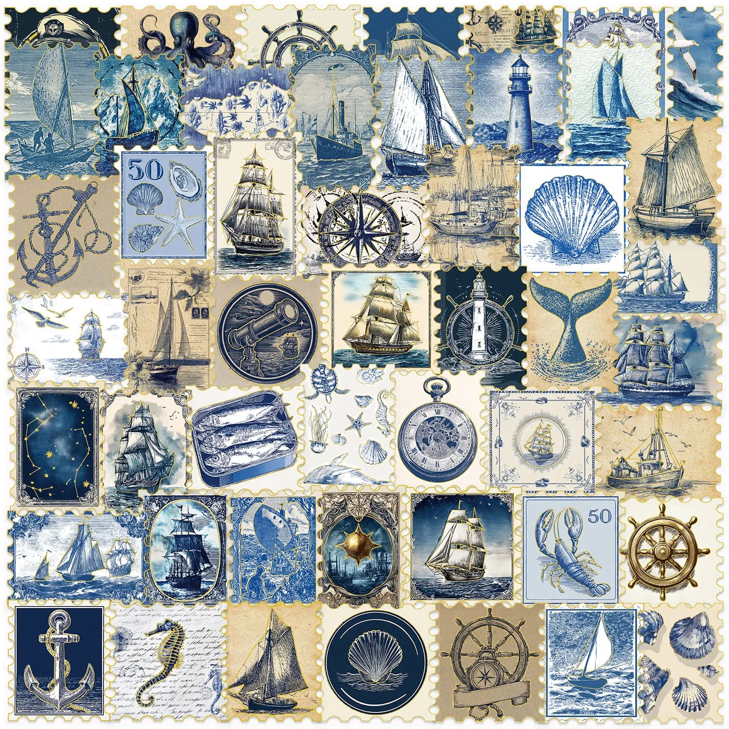 50/100 Pezzi Adesivi Retrò Blu con Tema Nautico, Decalcomanie Estetiche in Lamina Dorata, Adesivi in PET per Valigie, Telefoni, Quaderni