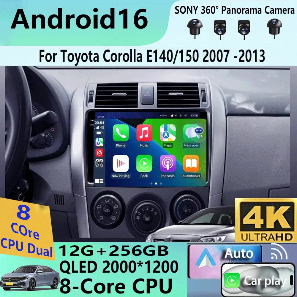 Autoradio Android 16 Carplay per Toyota Corolla E140/150 2007-2013, lettore multimediale video, GPS, 2din, stereo, BT, 4G+WIFI