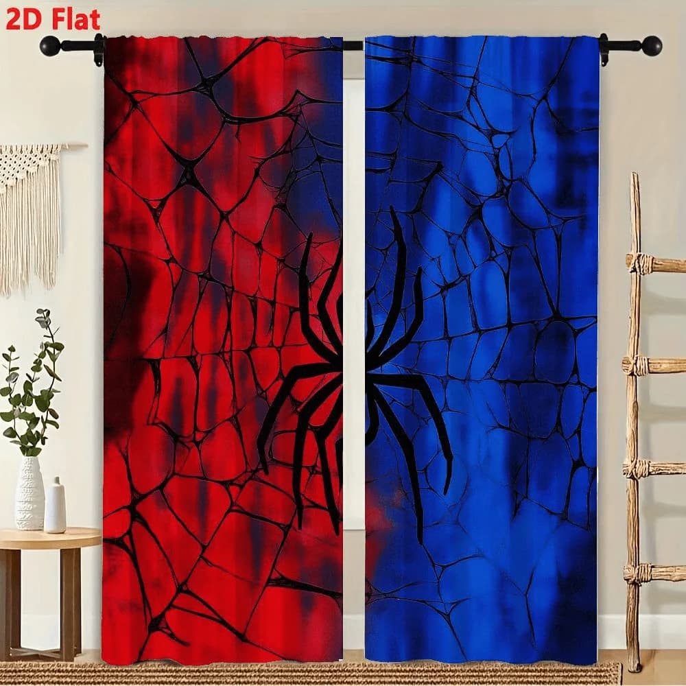 2 tende con ragno nero su sfondo rosso e blu, tende per finestre, per decorazioni per la camera da letto, decorazioni per finestre.