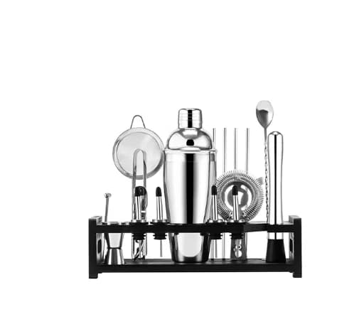 Set di shaker per cocktail in tre pezzi (11 pezzi) Tazza shaker nera jazz in acciaio inossidabile 304 con supporto in legno 304 per la casa