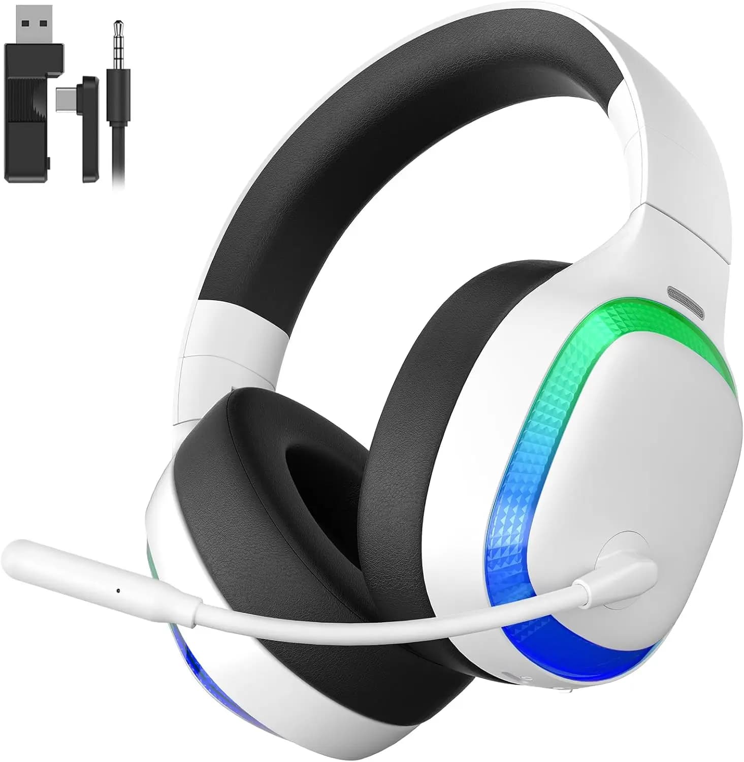 Cuffie da Gaming Wireless 2.4Ghz per PS5, PS4, PC, Mac con Microfono a Cancellazione del Rumore, Batteria da 70 Ore, Audio Surround - RGB Bianco
