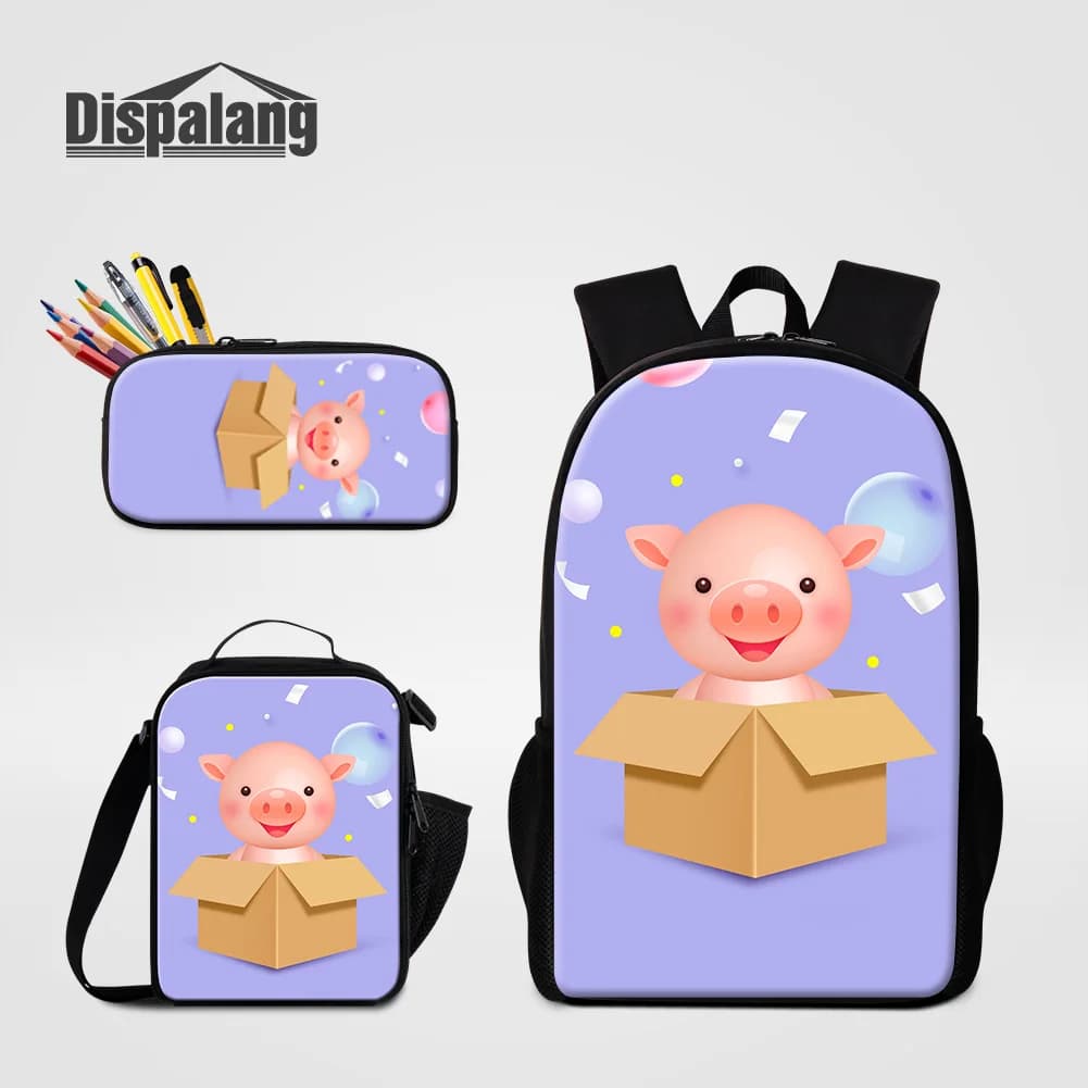 Set Scolastico con Maialino Cartoon, 3 Pezzi: Zaino 600D con Borsa Pranzo e Astuccio per Ragazze della Scuola Primaria