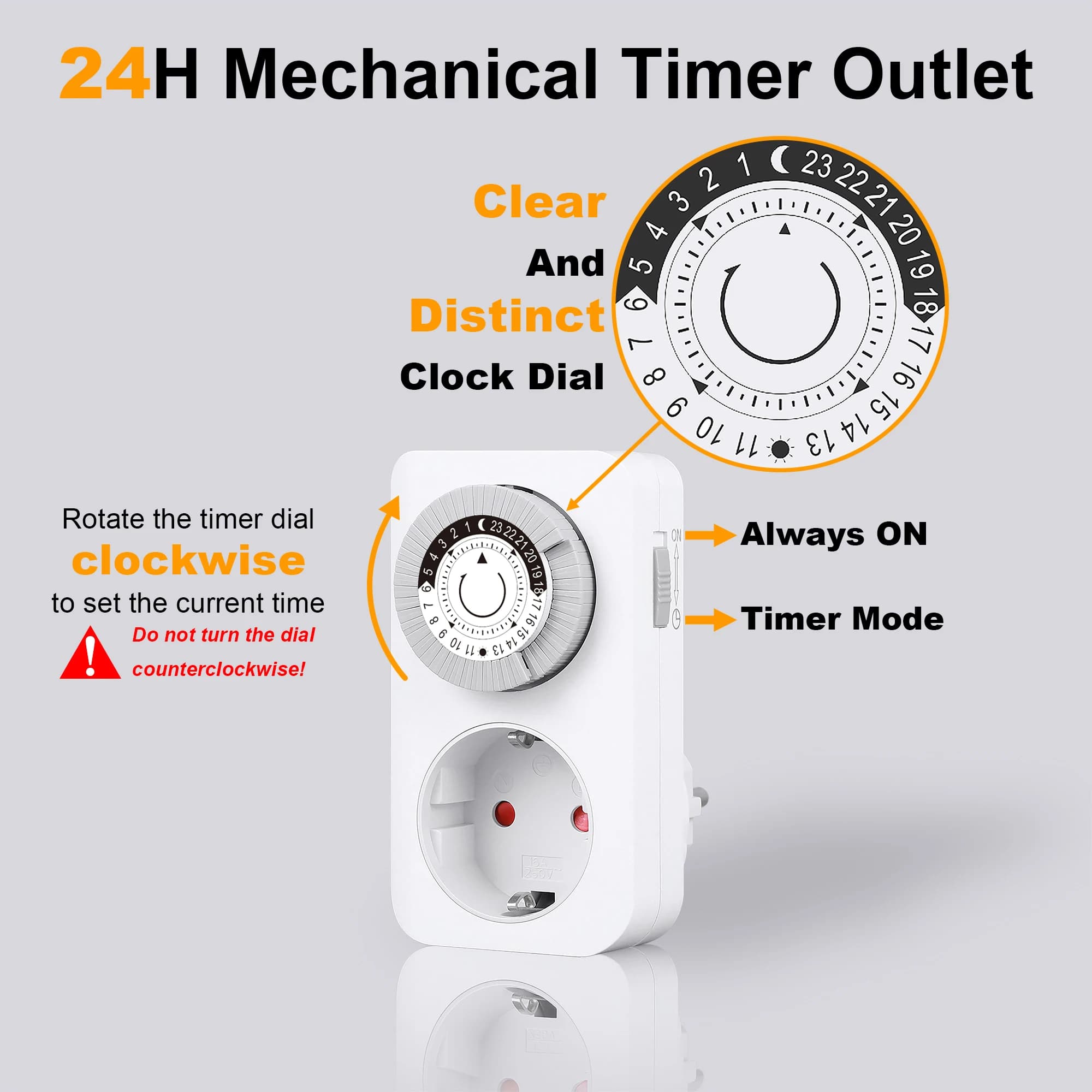Timer Meccanico con Presa EU, Interruttore Automatico On/Off 24H con Intervallo di 30 Minuti per Luci Acquario, Elettrodomestici, Risparmio Energetico