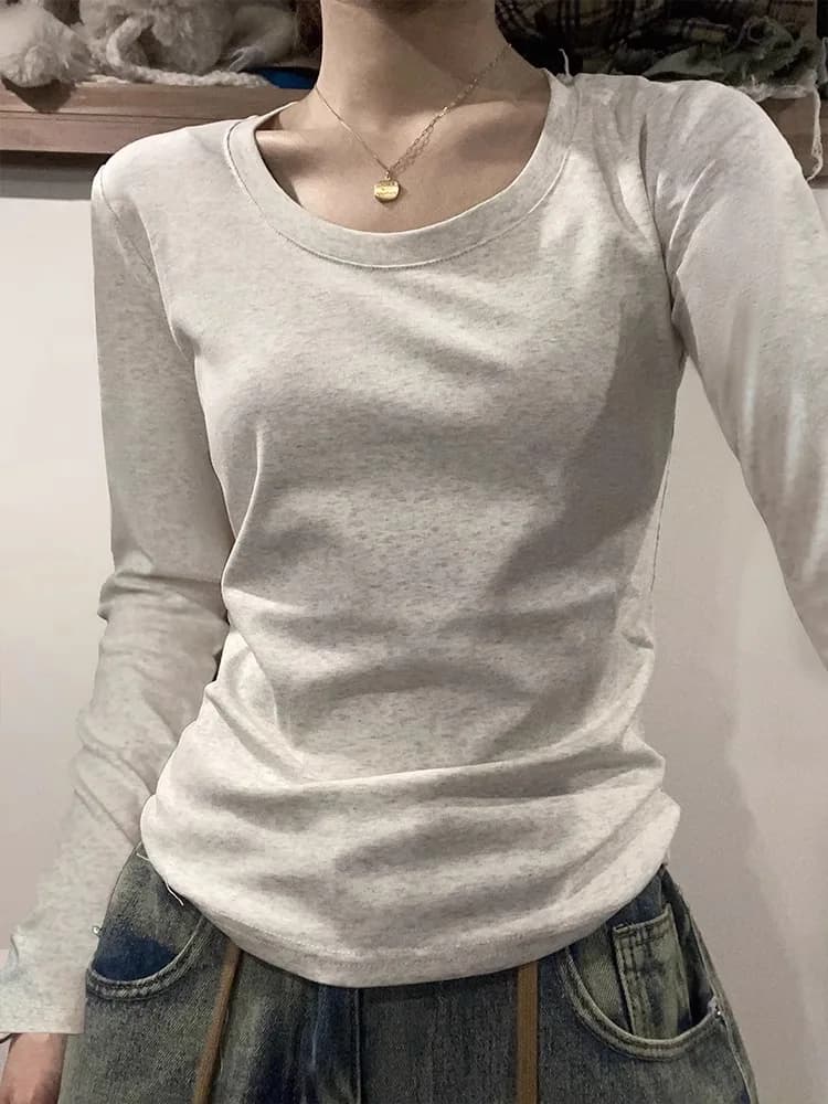 T-shirt a maniche lunghe con scollo a U donna autunno inverno nuovo cotone slim casual top basic camicie con fondo solido coreano