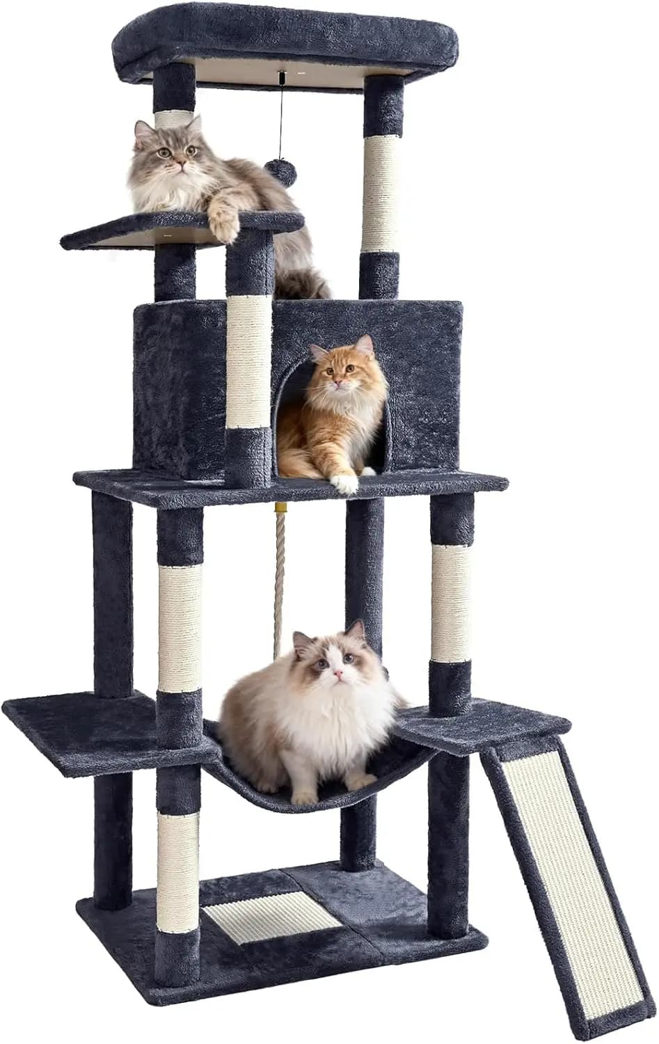 Torre per Gatti da Interno 63 Pollici, Multi-Livello, Robusta, con Tiragraffi in Sisal, Amaca, Cuccia, Piattaforma Estesa, Grigio Scuro