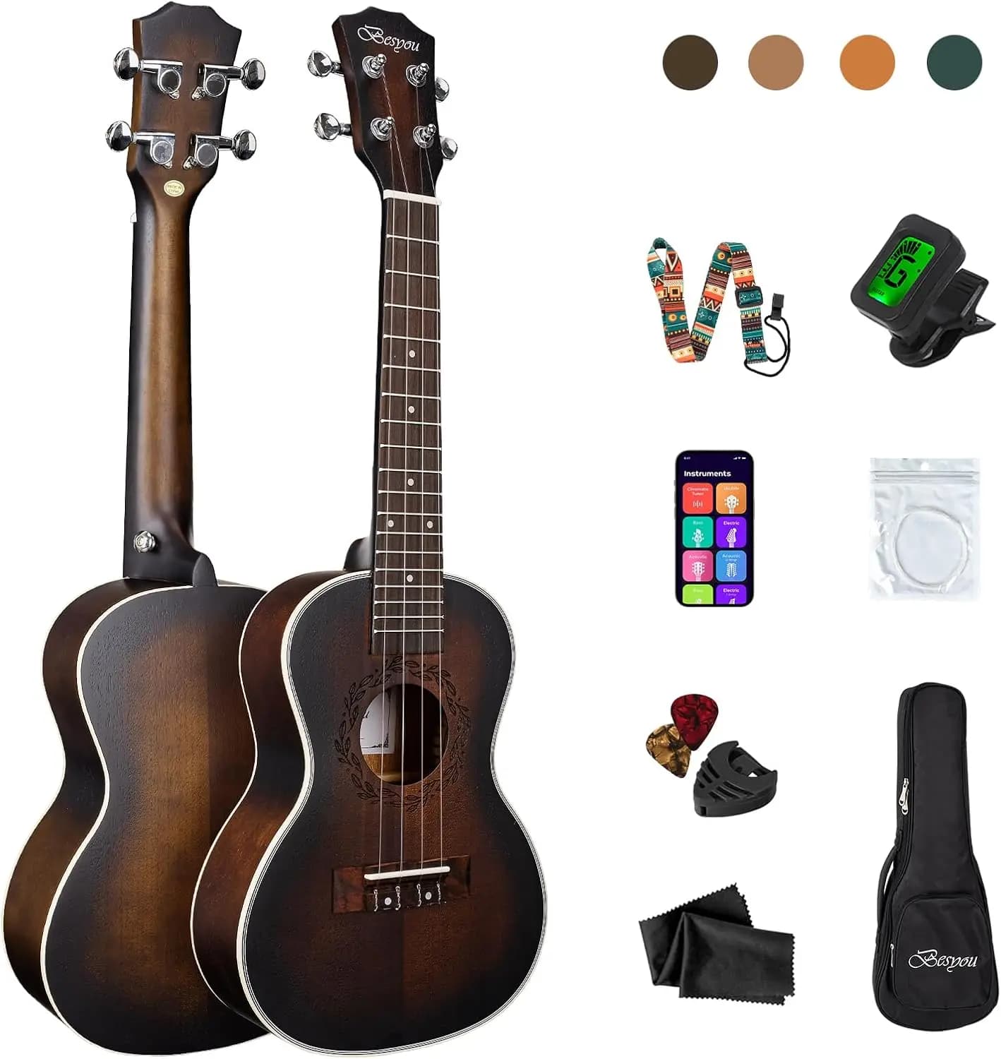 Concert Ukulele Kit 23 inch Mahogany, Beginner Bundle for Kids & Adult Students with Tuner, Gig Bag, Strap, Carbon Nylon Strings, Picks, Cloth, Gift Choice (Brown)
