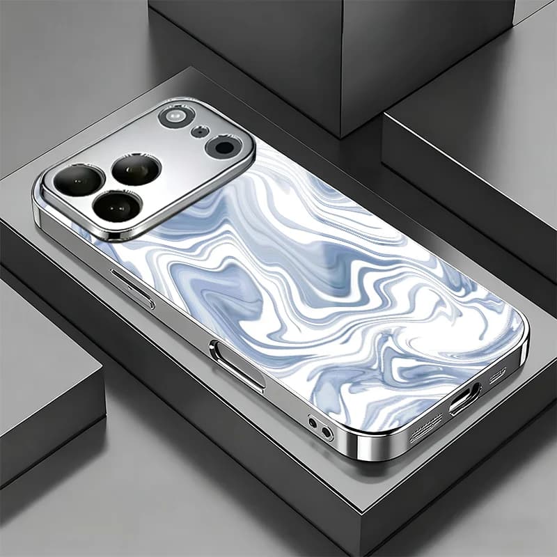 Blue And White Marble Pattern Electroplated Glass Lens Protective Shockproof Case For iPhone 13 14 15 16 17 Pro ProMax