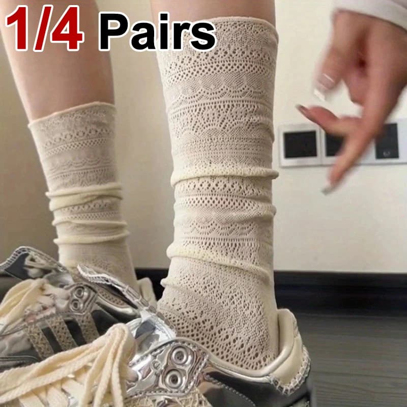 1/4 pairs of high knee socks with lace edges for women, summer dug design, soft and comfortable casual socks, light and breathable
