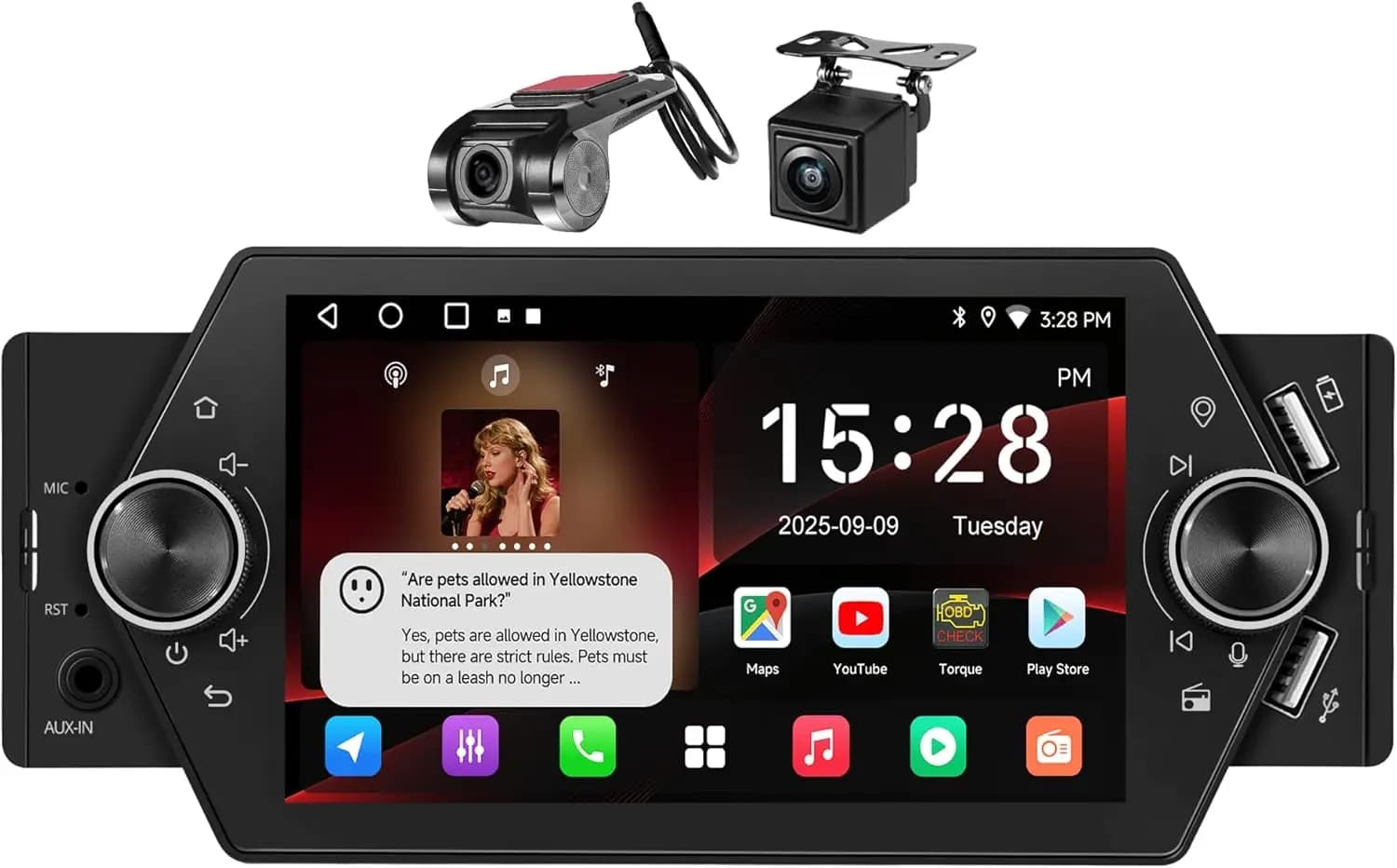 5 inch Android autoradio with Android Auto, CarPlay, Bluetooth, Dashcam and backup camera, GPS, Wi-Fi, fast charging
