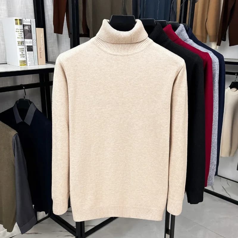 Men Turtleneck Knit Sweater Long Sleeve Ribbed Collar Cuff Soft Warm Knitted Pullover Autumn Daily Basic Top