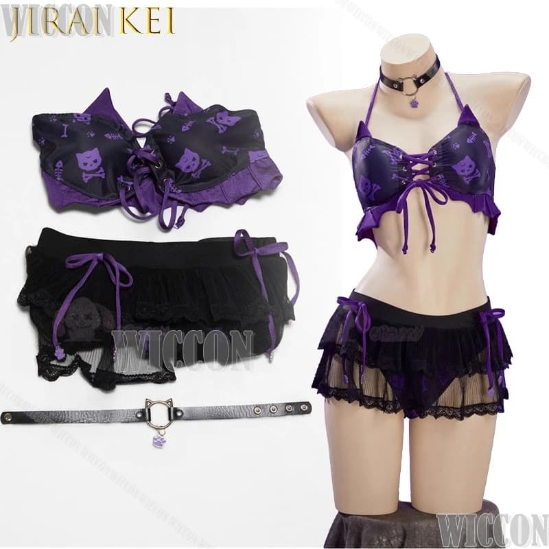 Jirai Kei Costume da bagno sexy da donna in 2 pezzi Costume da bagno gotico Costume da bagno da donna Carino estivo Nero Beachwear Halloween Navidad Carnaval