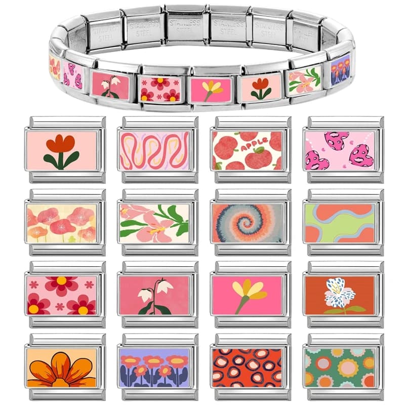 Wholesale Flowers Rose Sun Cat Rainbow Heart Charm Italian Links 9mm Bracelets Bangle Stainless Steel DIY Making Jewelry Gifts