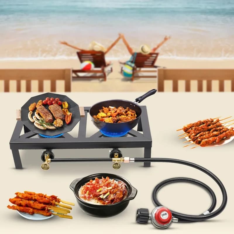 Fornello a Gas Portatile a Doppio Bruciatore in Ghisa da 8000W per Campeggio, Picnic, Escursionismo e Barbecue