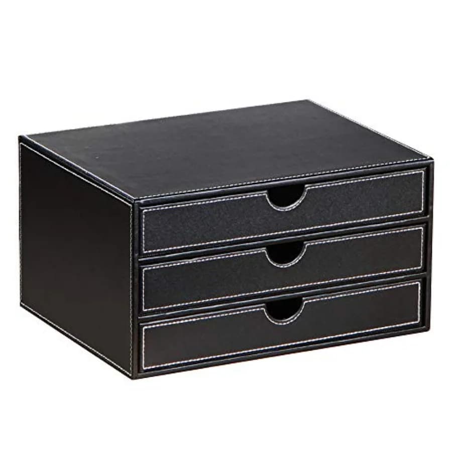 Organizer da Scrivania in Pelle con 3 Cassetti, Scatola Contenitore Impilabile per Gioielli/Contanti/Documenti/Trucchi, Accessori per la Casa