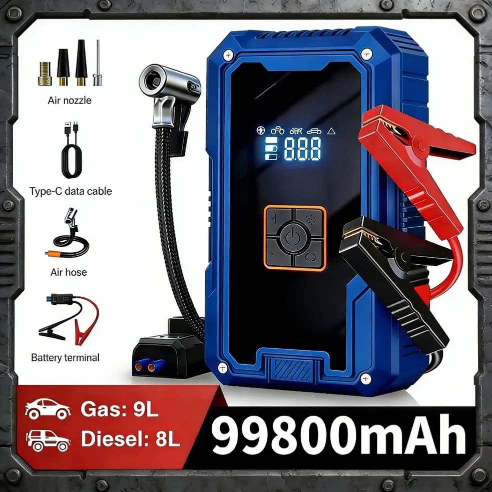 Avviatore di Emergenza per Auto 3000A, Avviatore Batteria Auto con Compressore d'Aria 99800mAh, Power Bank Portatile con Torcia e Cavi di Avviamento