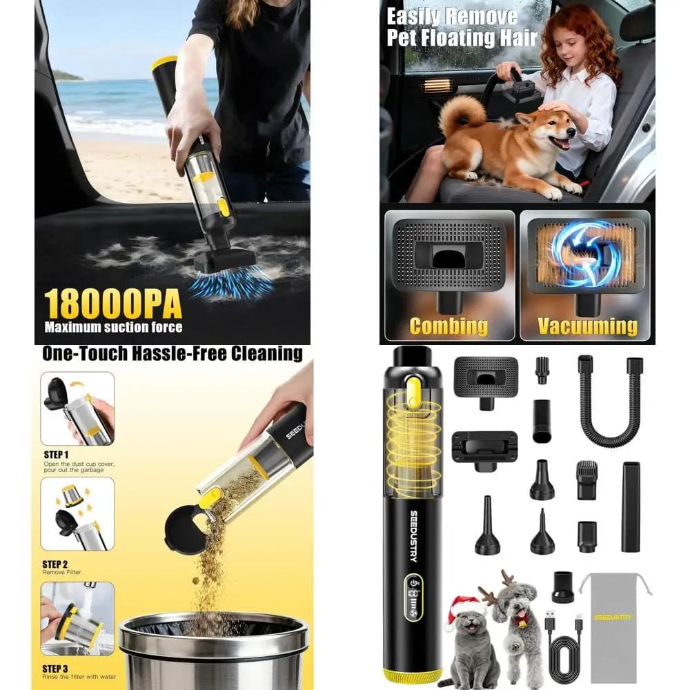 Aspirapolvere Portatile Mini per Auto con Aspirazione di 18000pa, 6 Ugelli Multiuso per Auto, Animali Domestici e Casa