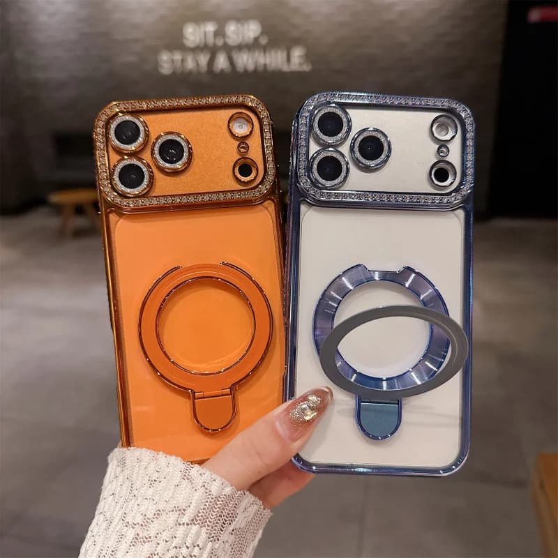 Luxury Bling Diamond Magnetic Phone Case for iPhone 17 16 15 14 13 12 11 Pro Max, Plating Stand Holder Wireless Charging Cover