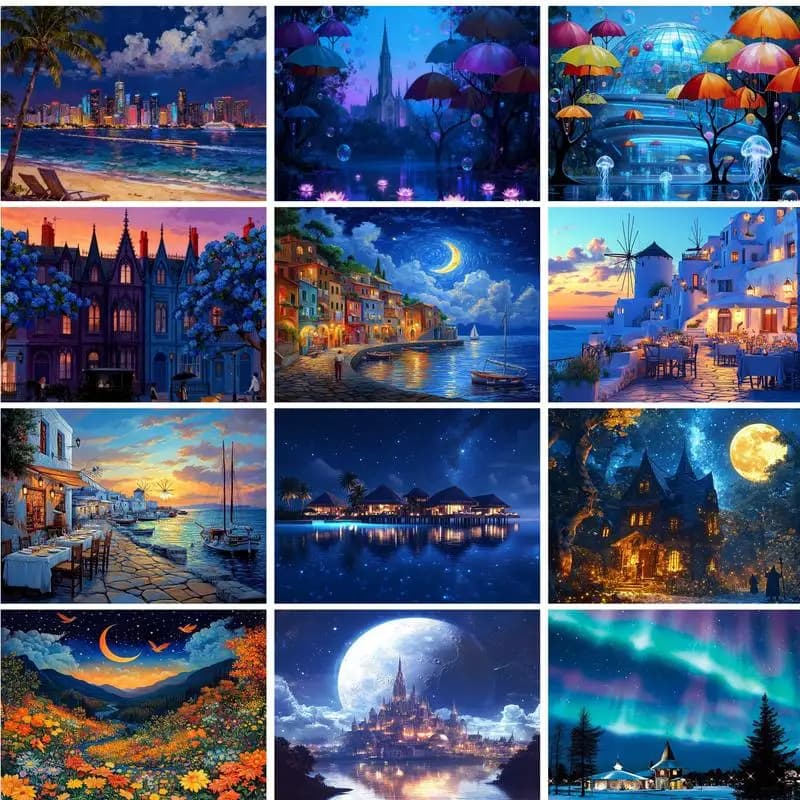 RUOPOTY Paint By Numbers Arts and Crafts Paint Kit for Beginner Night Landscape Acrylic Paint Wall Art Artwork