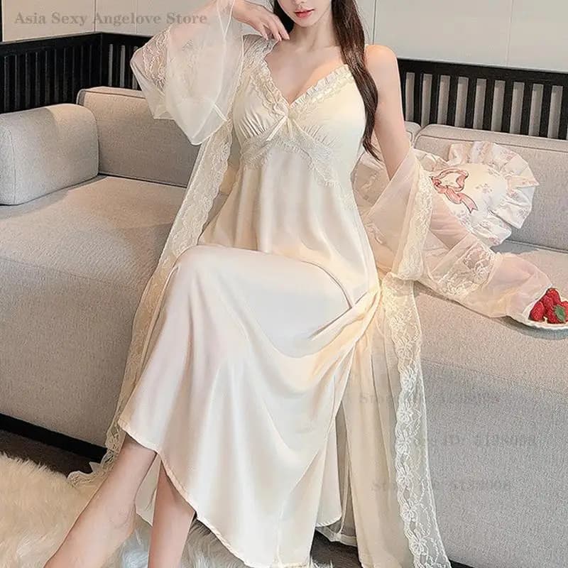 Nuovo set da notte e vestaglia lungo in pizzo a rete accappatoio sexy con cinturino per spaghetti camicia da notte intima lingerie elegante camicia da notte casa spogliatoio