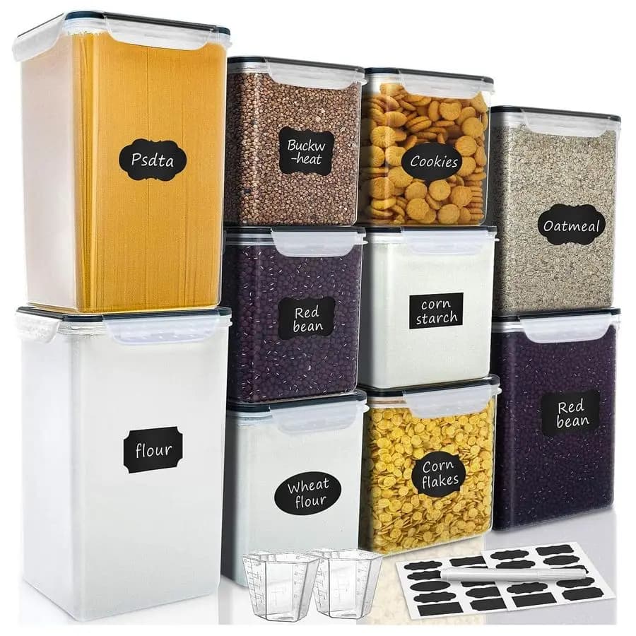Large and High Containers for Food, Set of 10 Airtight Plastic Containers for Kitchen and Dispense Organization, Ideal for Flour and Sugar