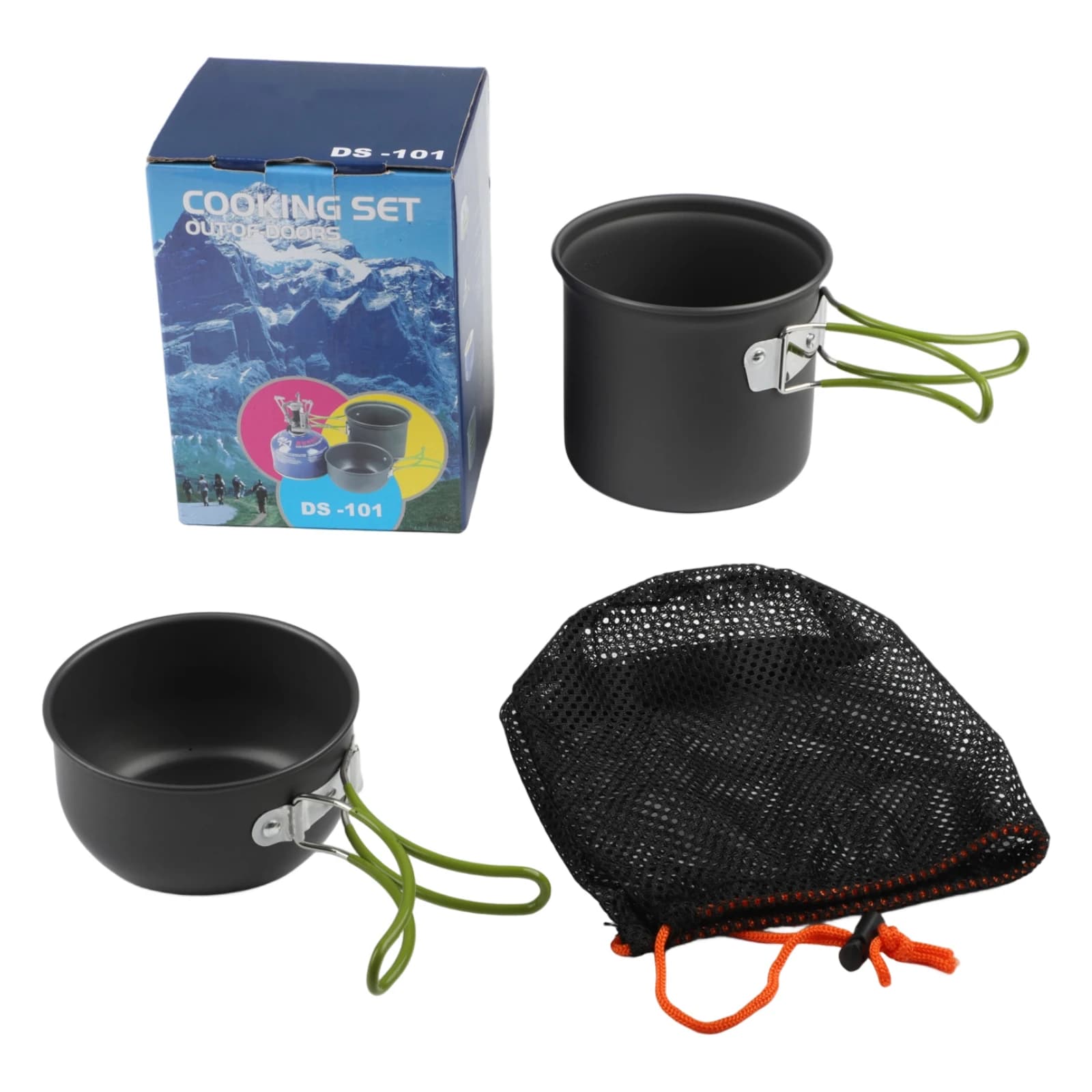 Set of anodized aluminum camping pots with mesh bag for transport, specifications for small pots, ultralight design